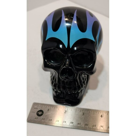 Flaming Skull Plastic Piggy Bank Blue Purple Black w/ Stopper Halloween Decor - Picture 14 of 15